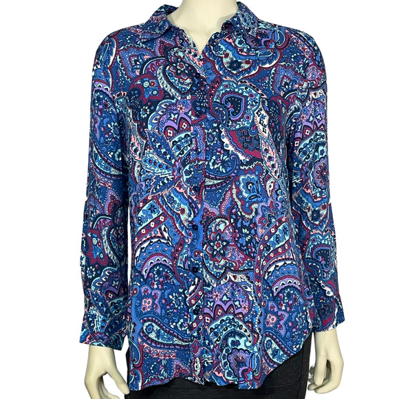 Talbots Petites Sz MP Button Down Blouse Roll Tab Long Sleeve Blue Paisley Rayon - Picture 1 of 9